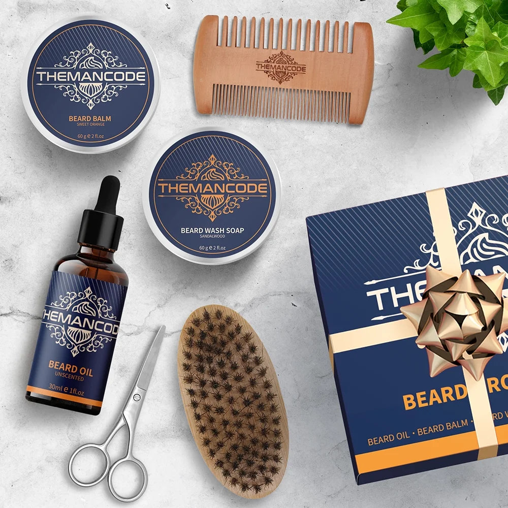 Contents of Beard Grooming Kit including beard oil, balm, wash, scissors, comb, and brush