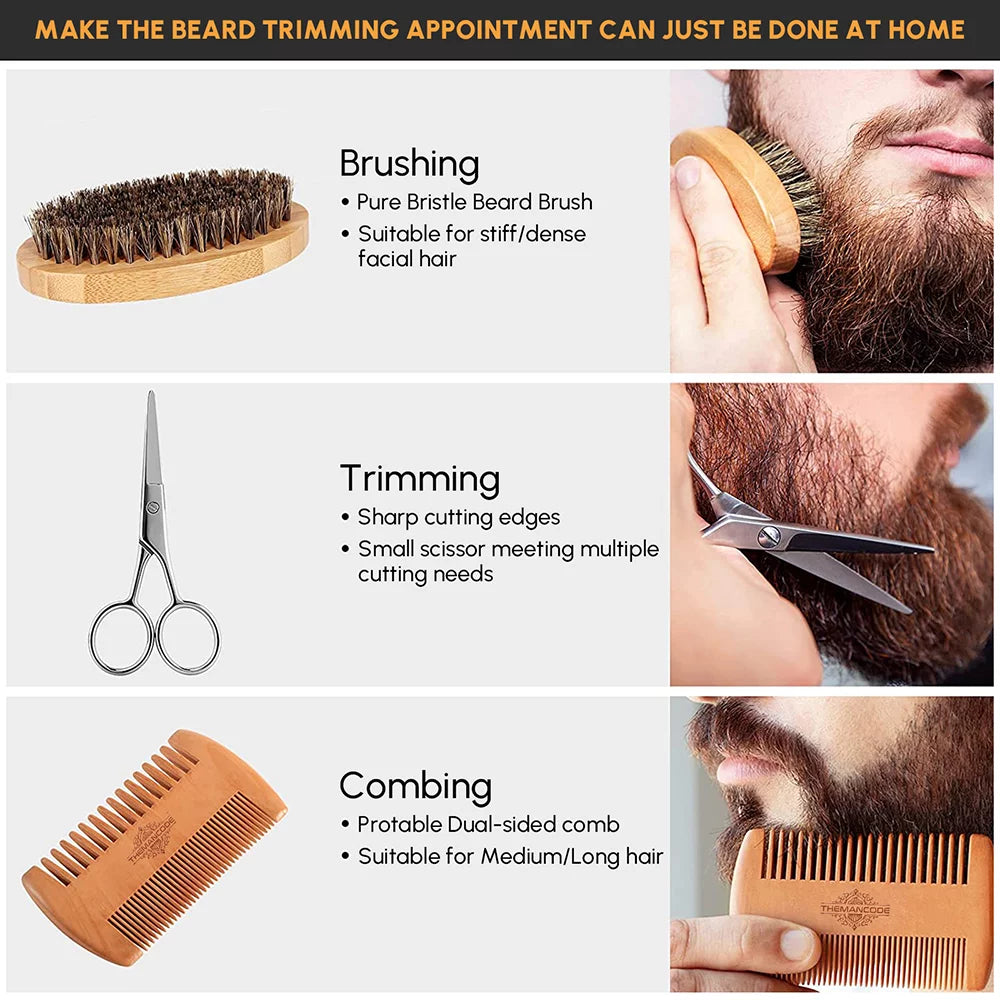 Contents of Beard Grooming Kit including beard oil, balm, wash, scissors, comb, and brush
