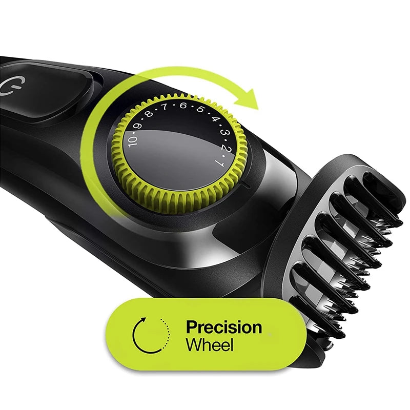 Electric beard and hair trimmer with adjustable settings for versatile facial grooming and haircuts.