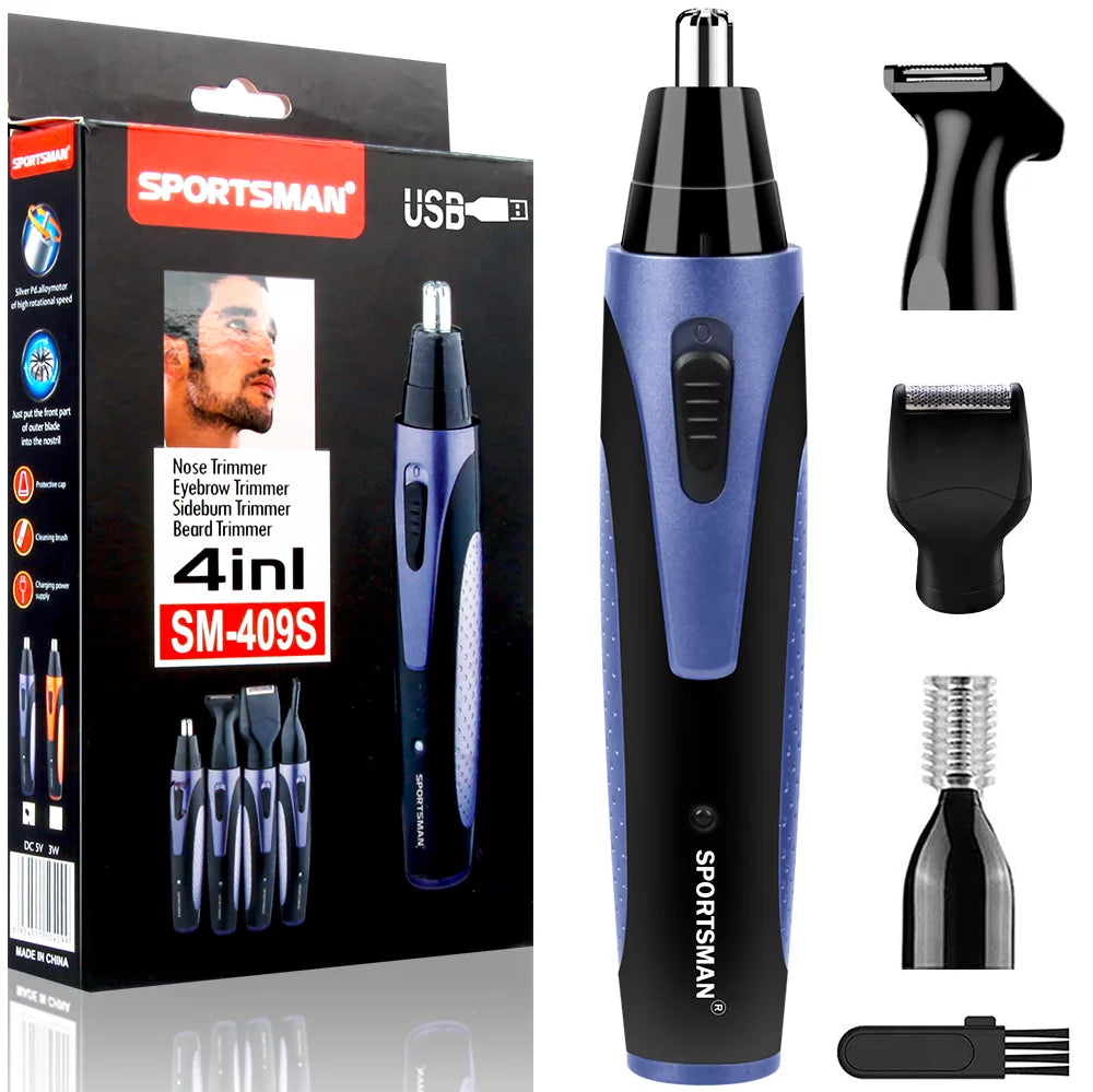 Multifunctional nose trimmer with attachments for beard and eyebrow grooming.