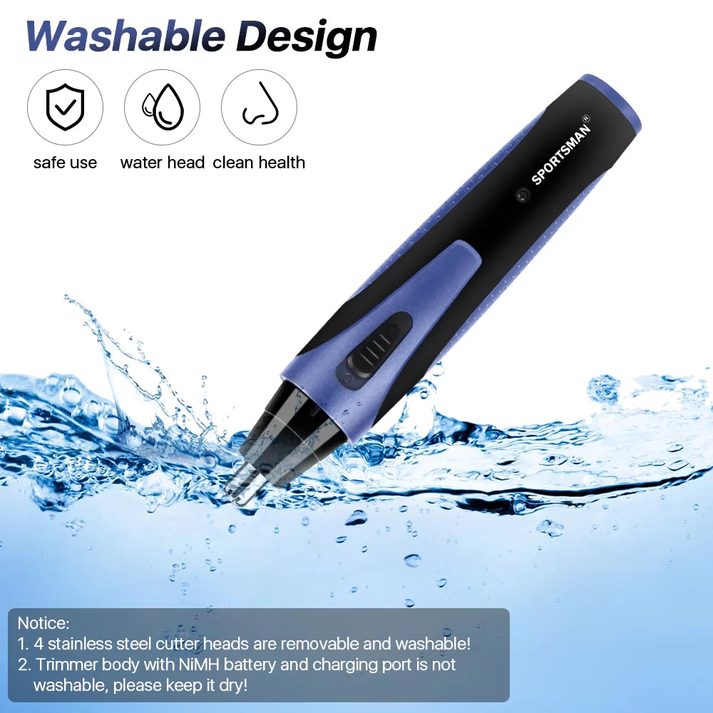 Nose hair trimmer with dual-edge blades for precise trimming of nose, ears, and eyebrows.