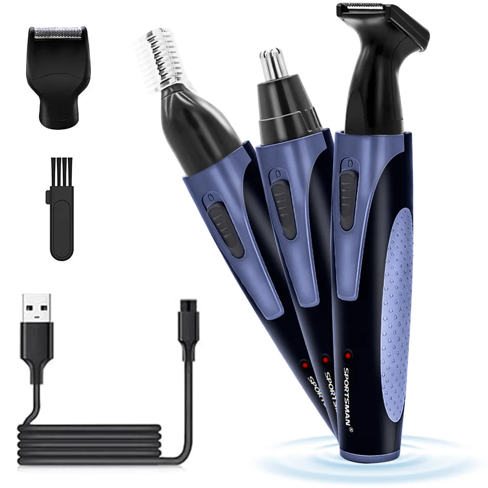 USB rechargeable nose hair trimmer with a cleaning brush for easy maintenance.