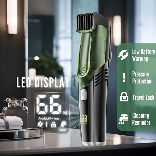 Vacuum beard trimmer with 20 adjustable settings and a built-in vacuum system for mess-free grooming.