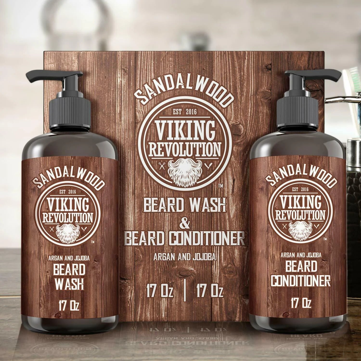 34 oz Beard Conditioner and Wash bottle with Sandalwood on a clean surface