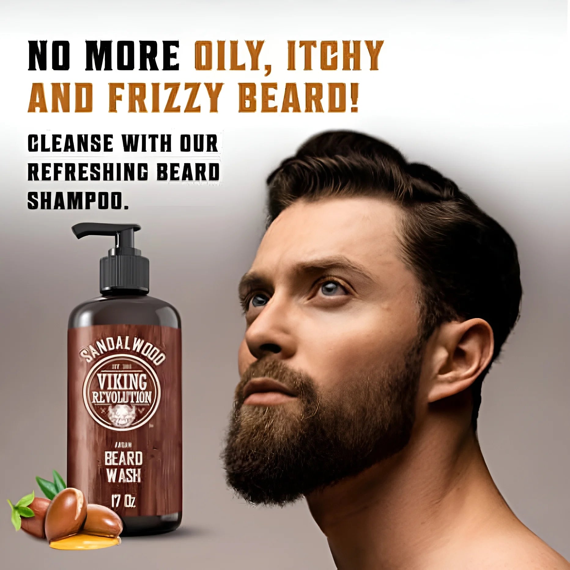 Pouring 34 oz Beard Conditioner and Wash with Sandalwood