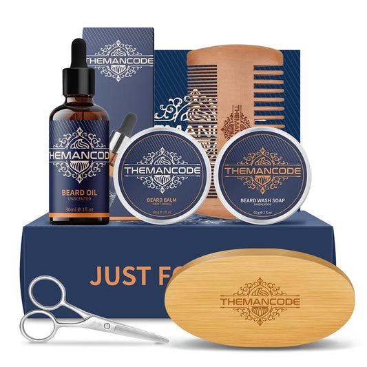 Front view of Beard Grooming Kit with oil, balm, wash, and grooming tools