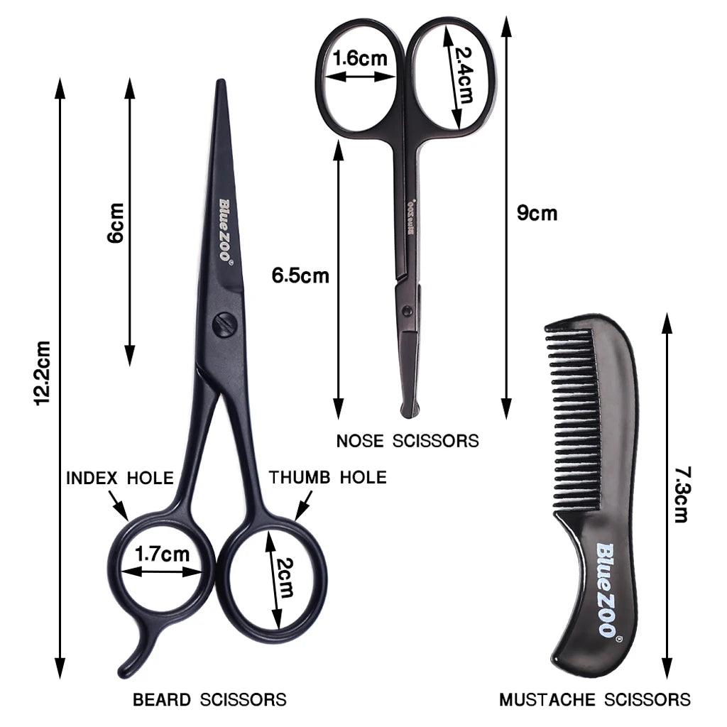 Beard and mustache grooming kit with precision scissors and comb for styling.