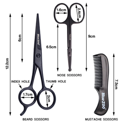 Beard and mustache grooming kit with precision scissors and comb for styling.