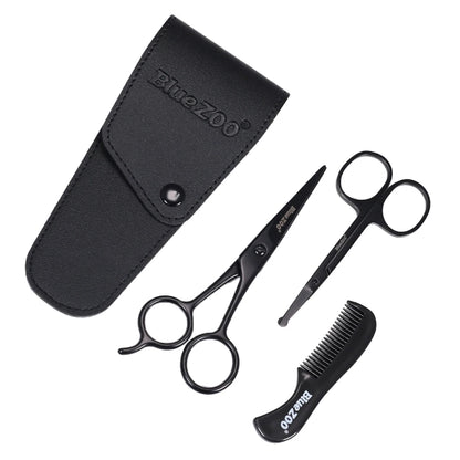 Mustache trimming kit featuring stainless steel scissors and comb for precise grooming.