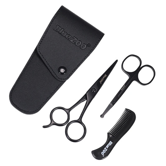 Mustache trimming kit featuring stainless steel scissors and comb for precise grooming.