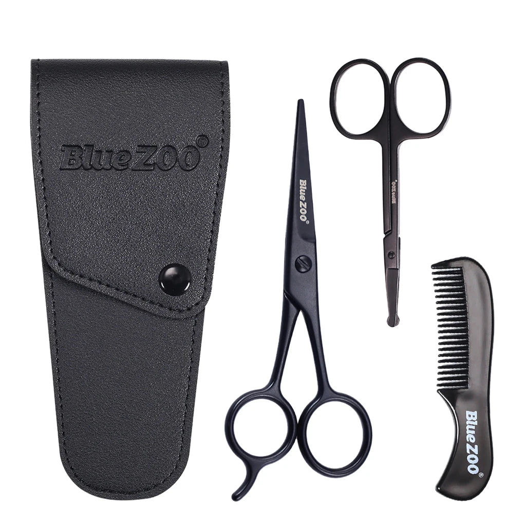 Sharp stainless steel scissors for mustache, beard, and eyebrow trimming.