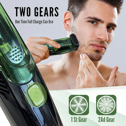 Close-up of the vacuum trimmer’s built-in system capturing trimmed hair for a clean grooming experience.