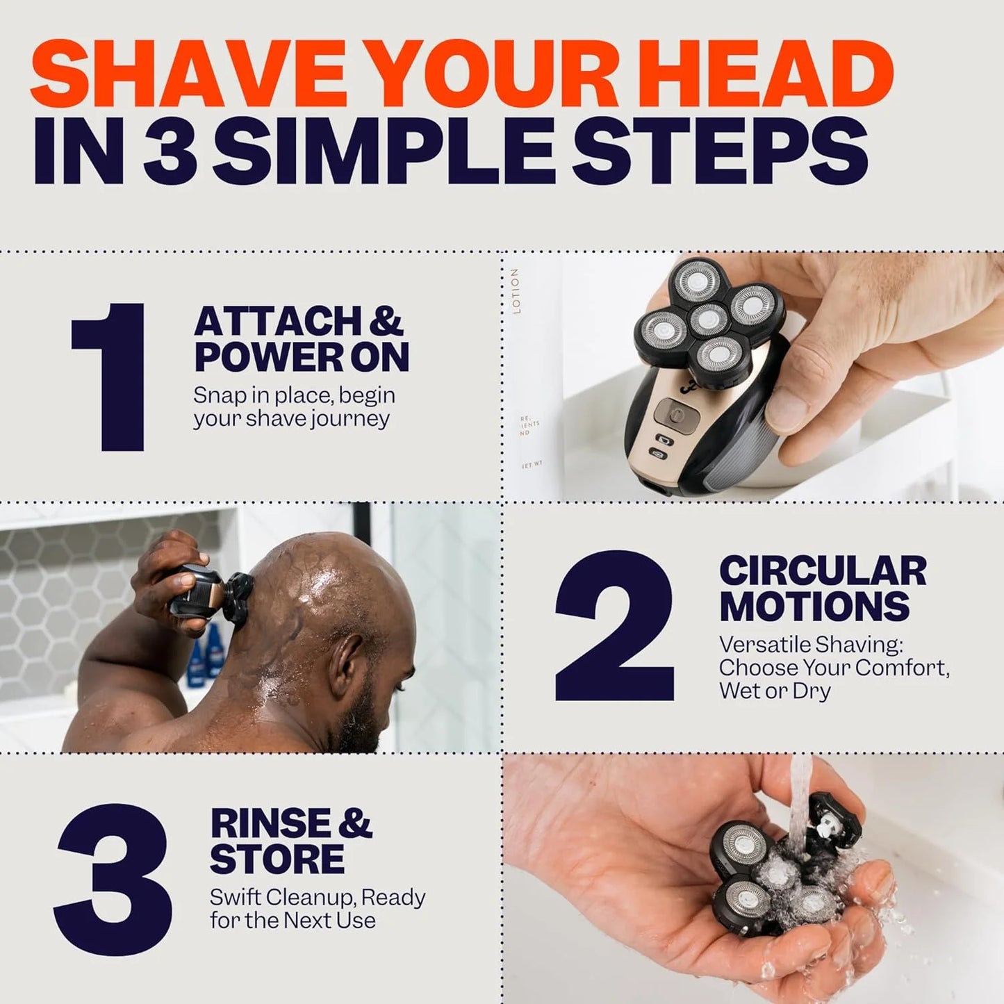 Electric head shaver with built-in massager and nose trimmer