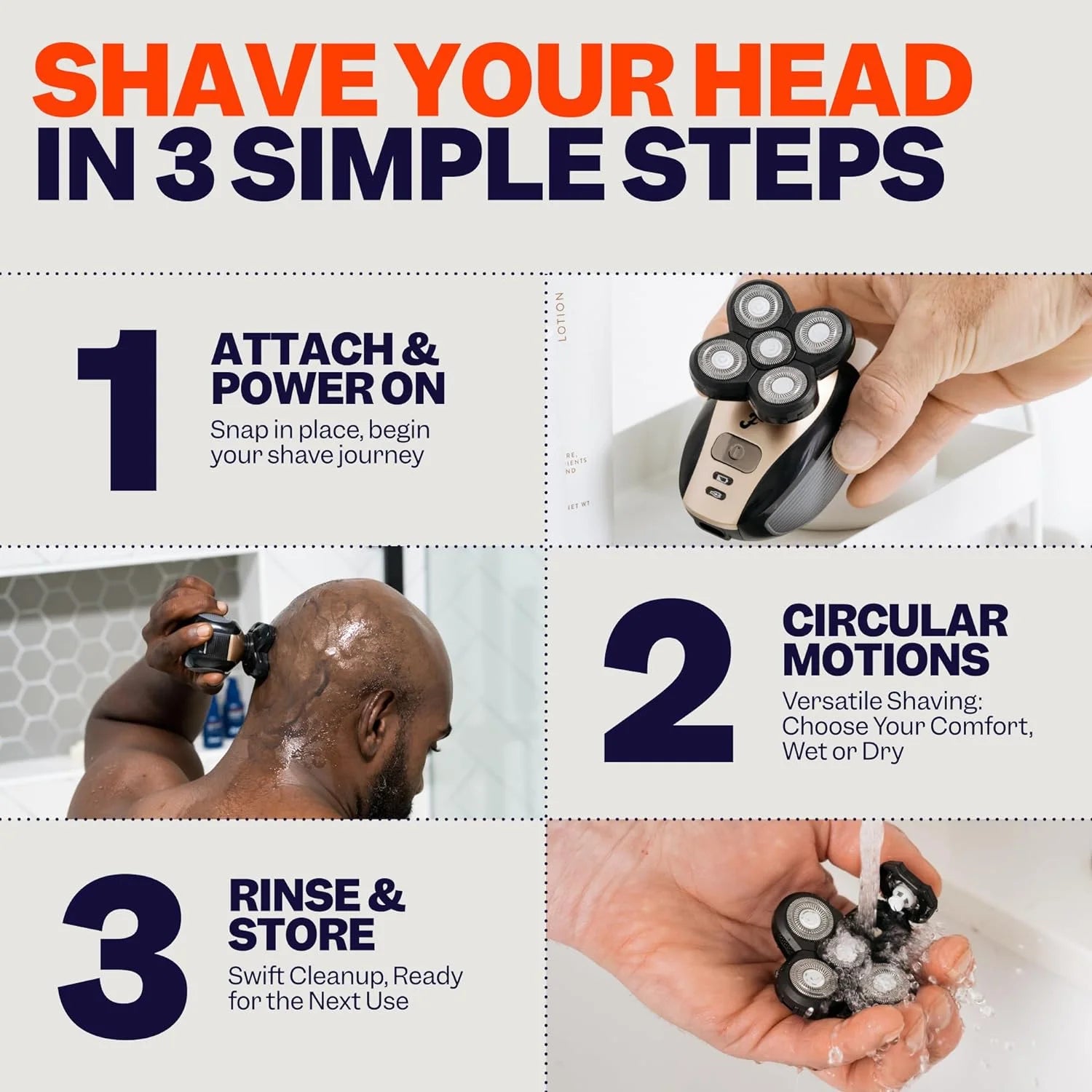 Electric head shaver with built-in massager and nose trimmer