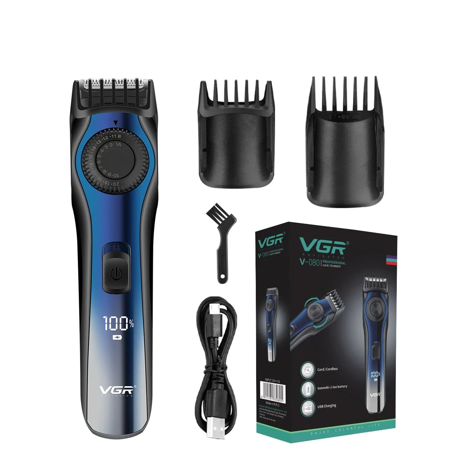 Rechargeable cordless hair cutter with adjustable guide combs for beard and hair trimming.