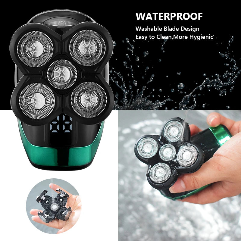Mini electric shaver with 5-in-1 grooming accessories, including trimmer and facial brush