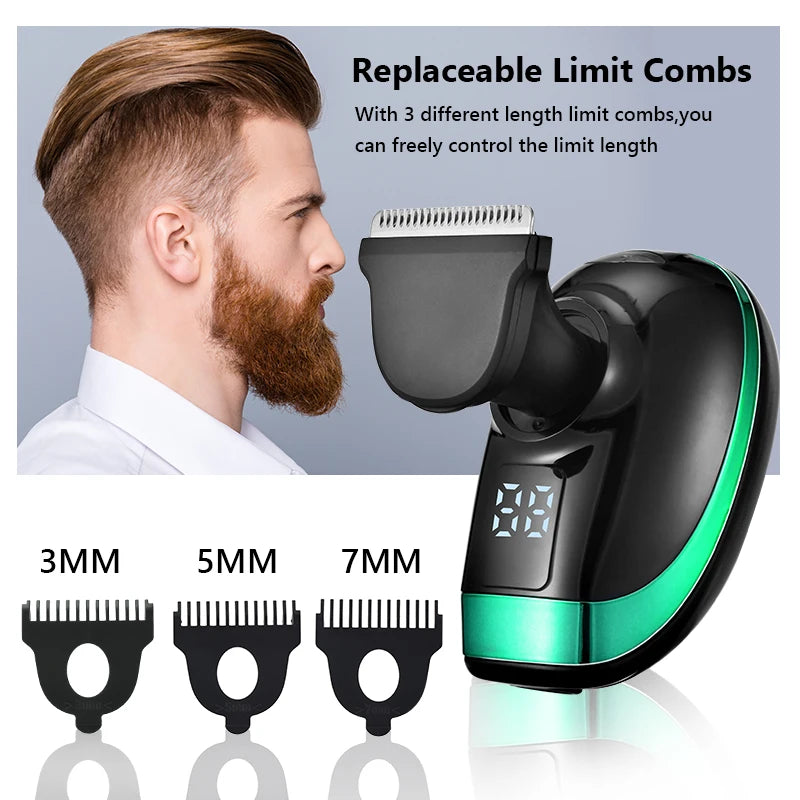Mini electric shaver shown with multiple attachments for beard, nose, and ear trimming
