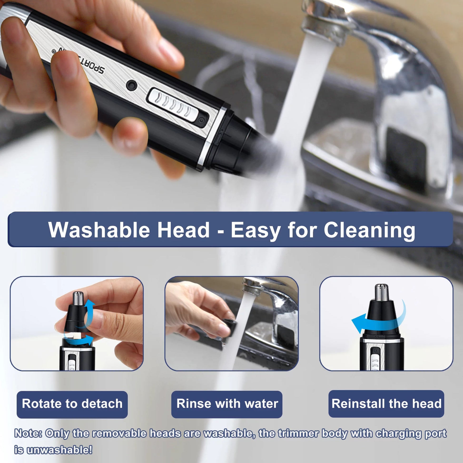 Nose hair trimmer with rechargeable battery and waterproof design for men, suitable for wet and dry trimming.