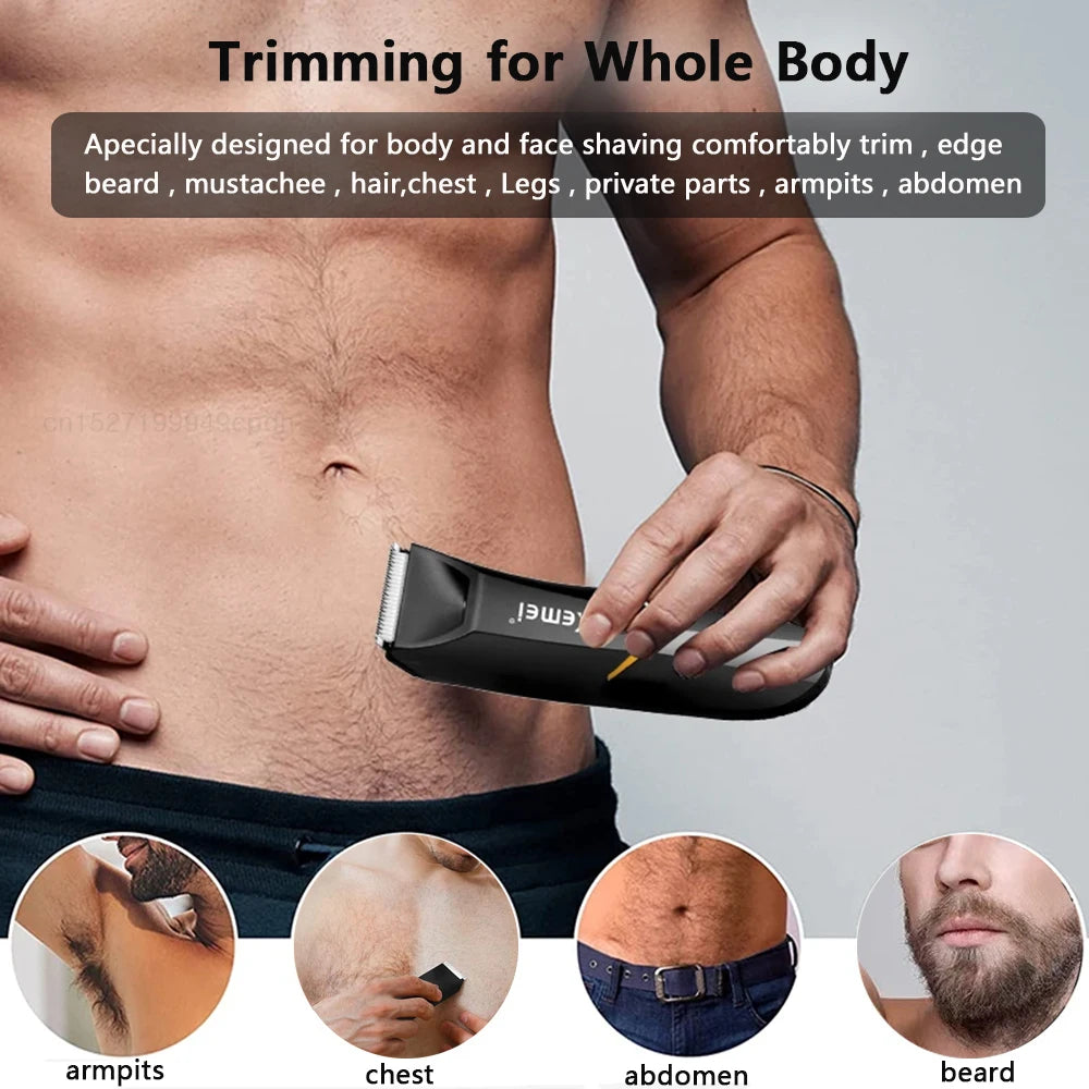 Rechargeable cordless hair cutter ideal for trimming body hair in sensitive areas, including the bikini line and armpits.