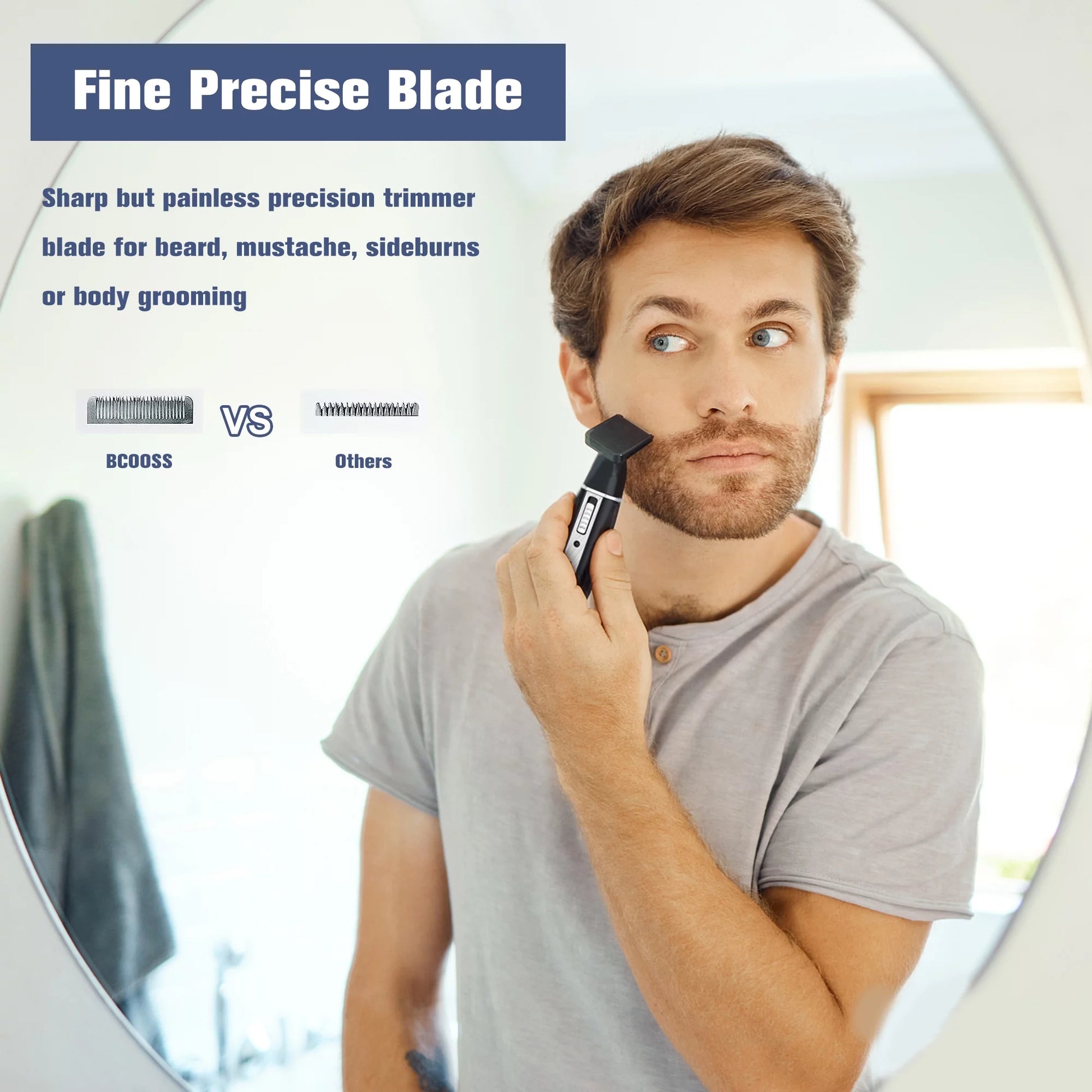 Rechargeable nose hair trimmer for men, featuring beard trimming and waterproof design.