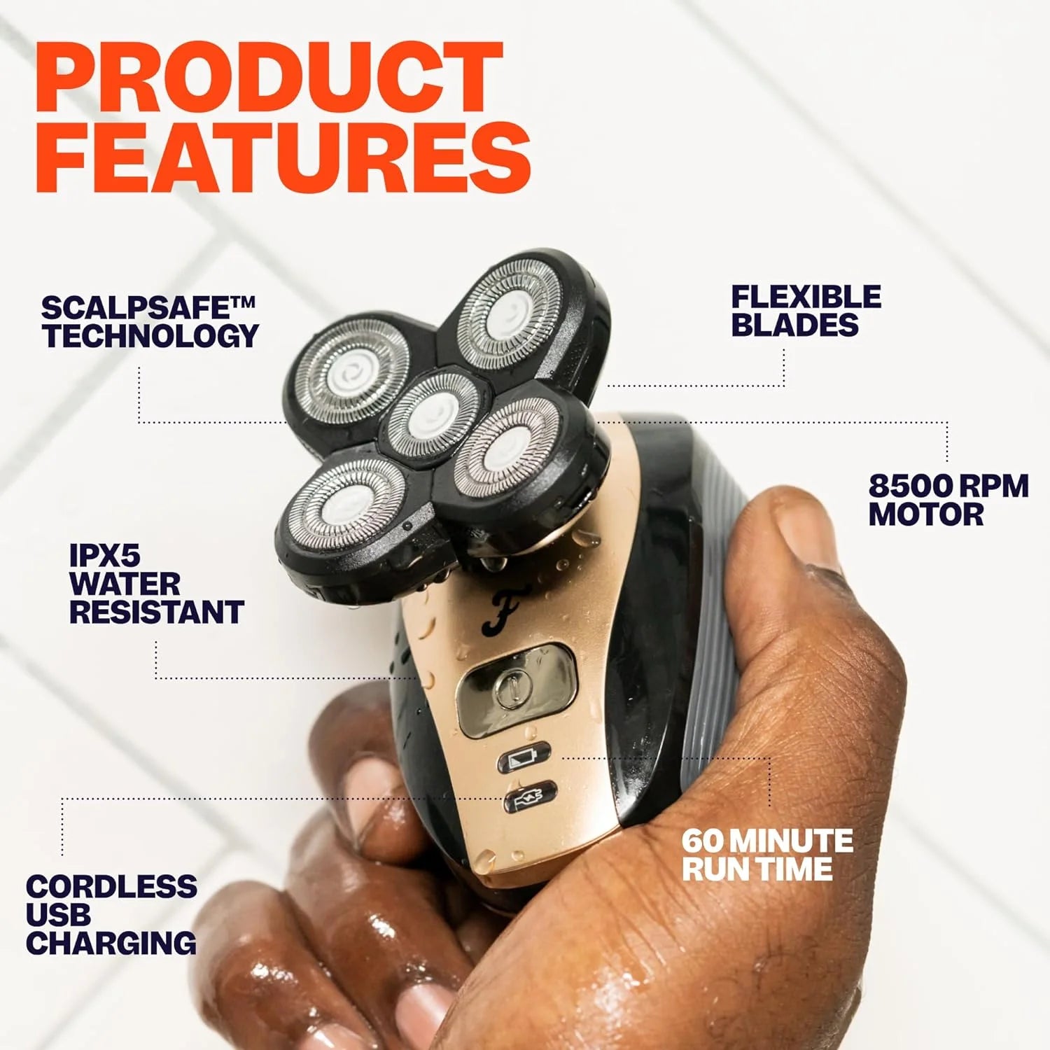 Rotary blade electric head shaver for men, designed for smooth bald shaves