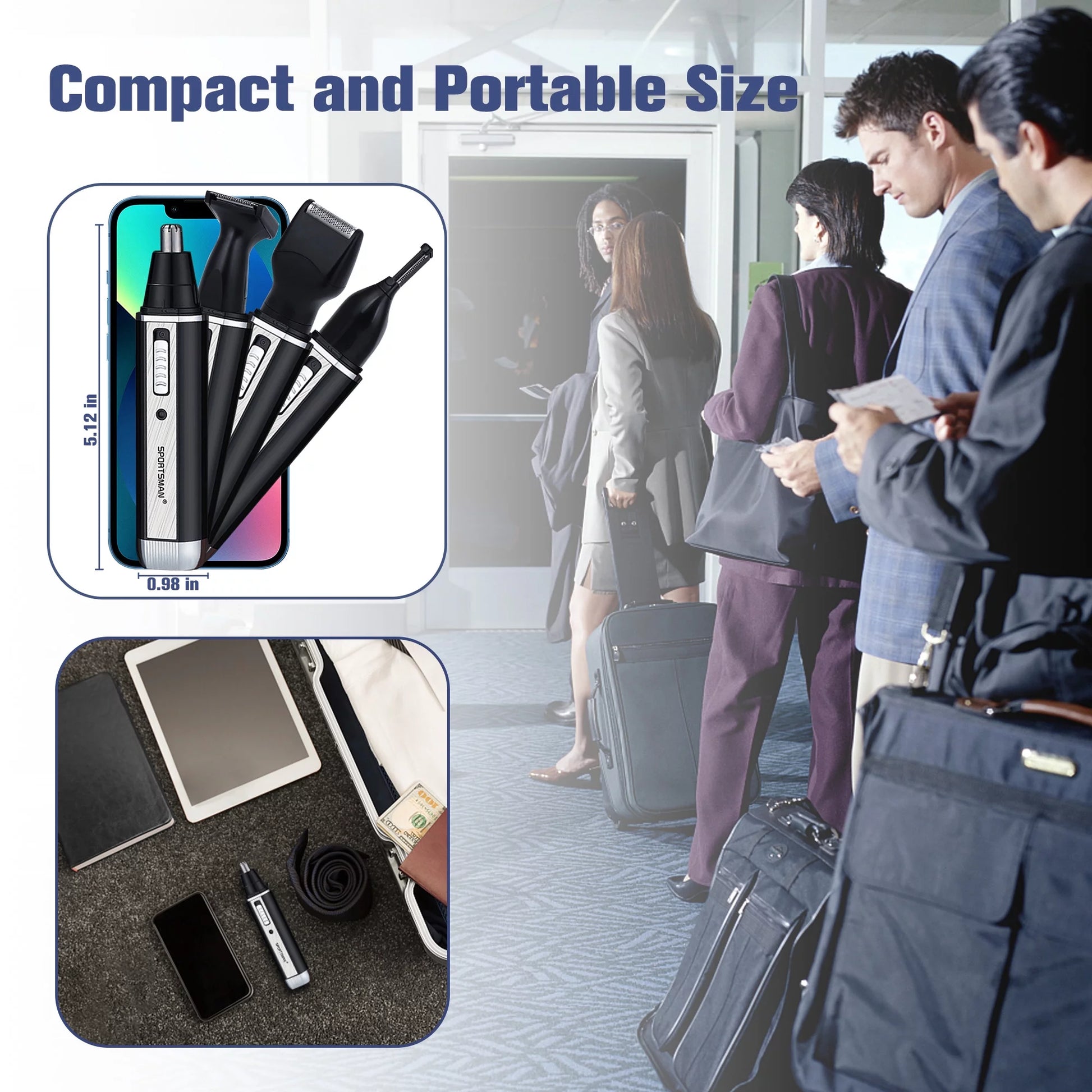 Waterproof electric nose hair trimmer for men, with dual-edge blades for precision grooming.